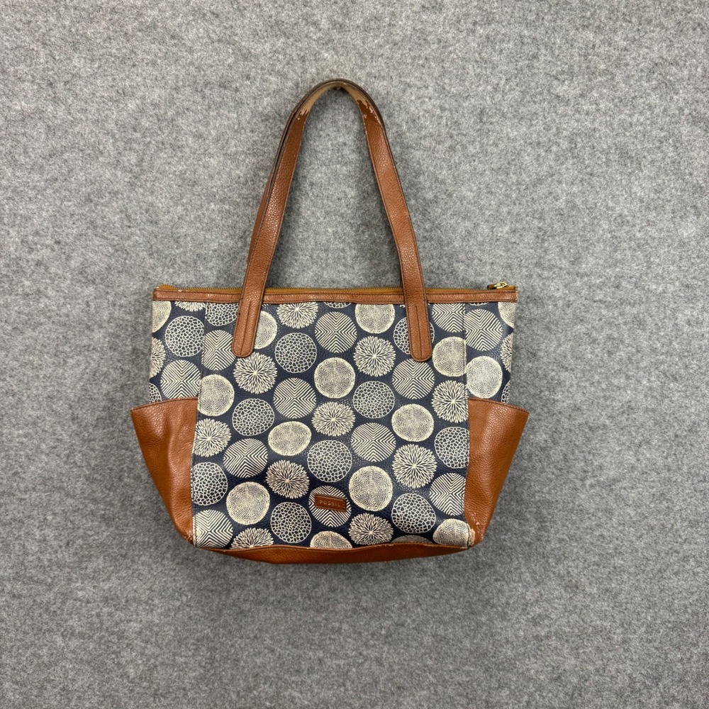 Fossil Navy Cream Geometric Circle Print Tote Bag Brown Leather Trim‎ Large